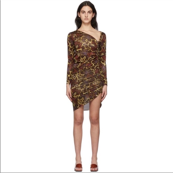 GIMAGUAS- Zug Dress Brown Asymmetrical Mesh Floral Classic Boho Cocktail